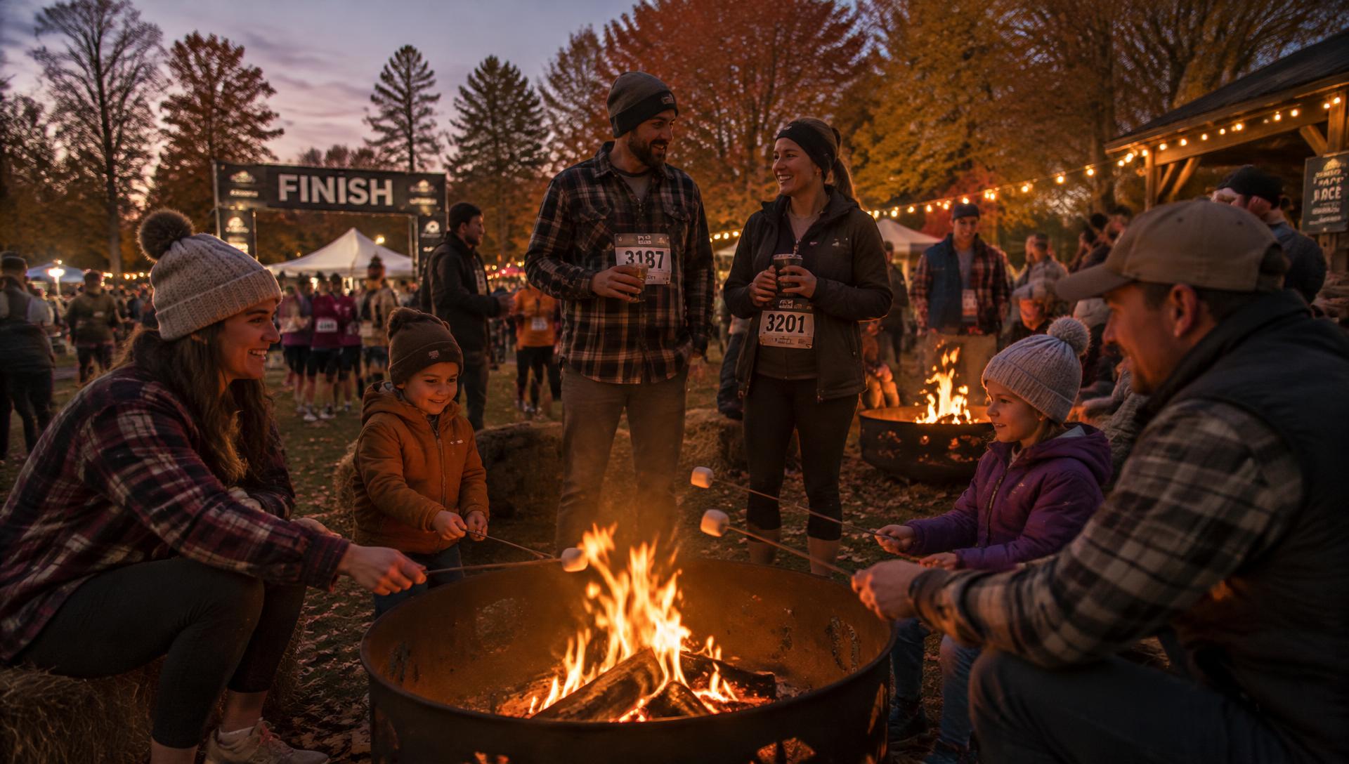 Families roasting marshmallows at The S'mores Run finish line